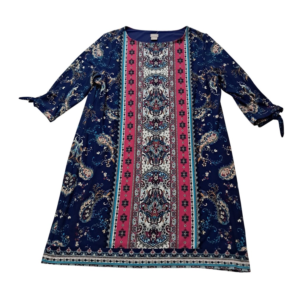 Chicos Shift Dress Womens 3P 16P Blue Pink Paisley Medallion Tie Sleeve Boho
